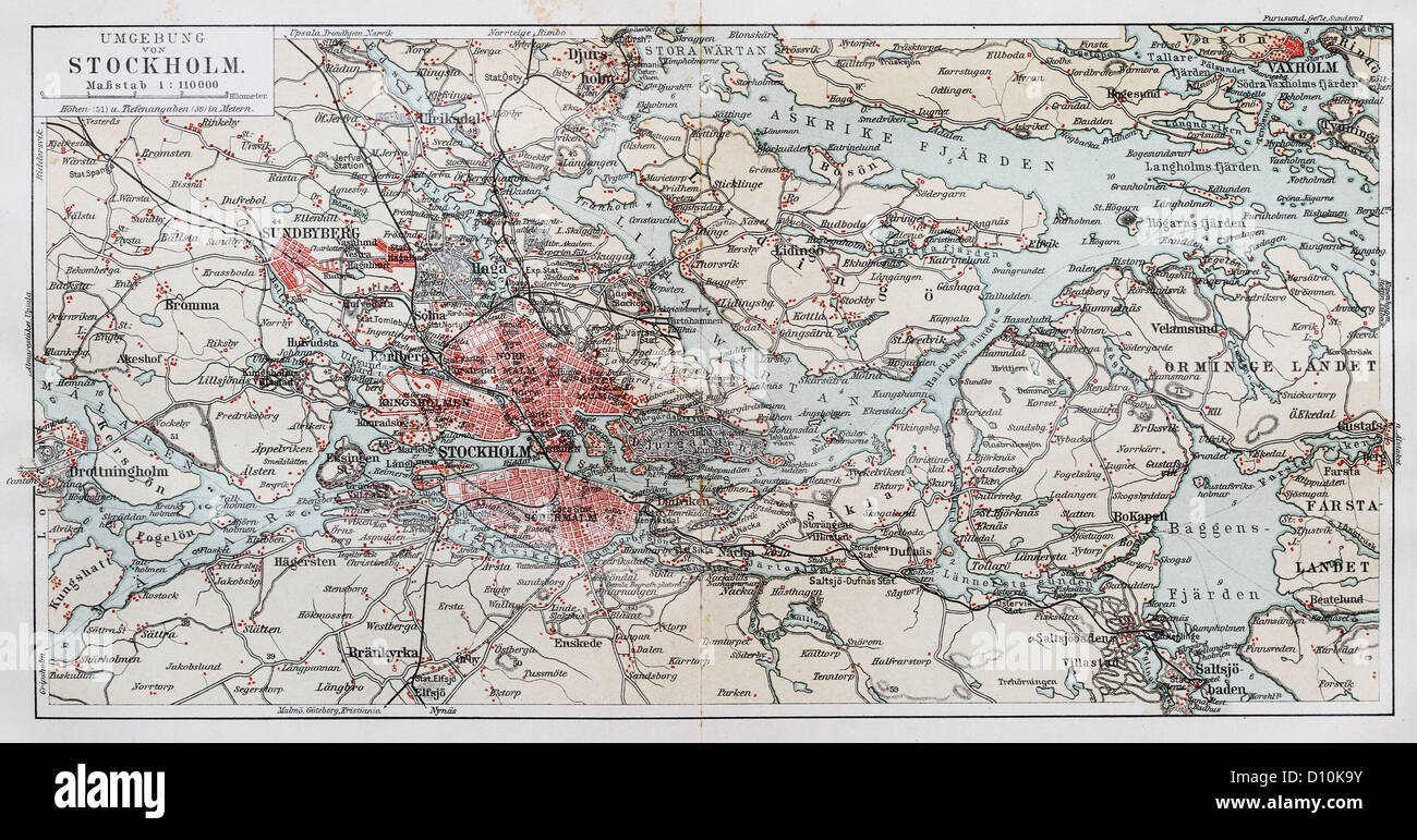 Vintage mappa dei dintorni di Stoccolma alla fine del XIX secolo Foto Stock