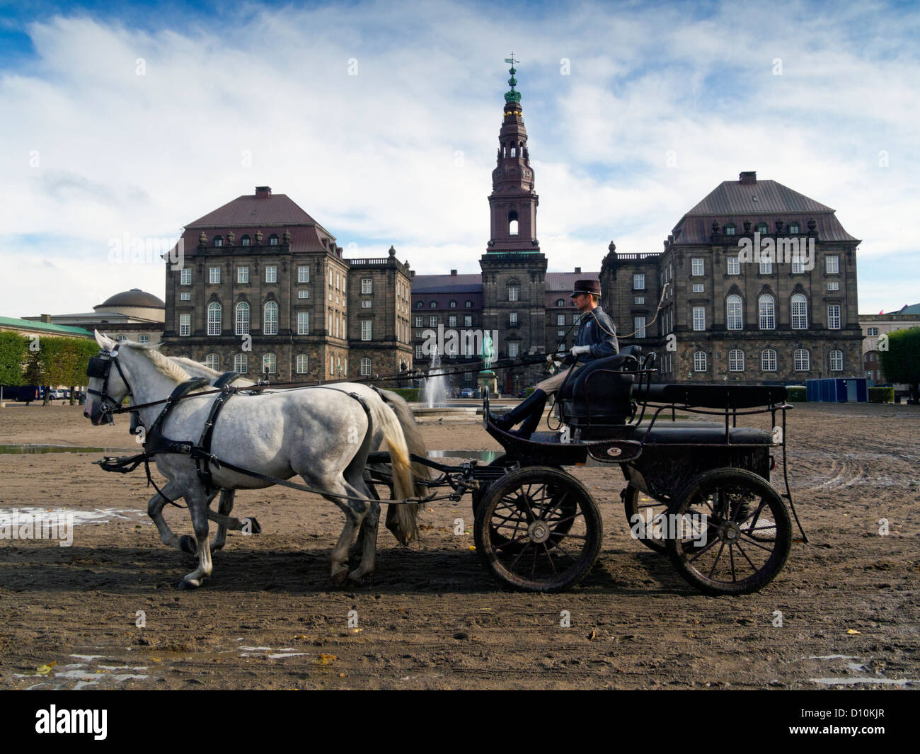 Cavalli reali essendo esercitata sulla Fiera (maneggi) nella parte anteriore del Palazzo Christiansborg, Copenhagen, Danimarca Foto Stock