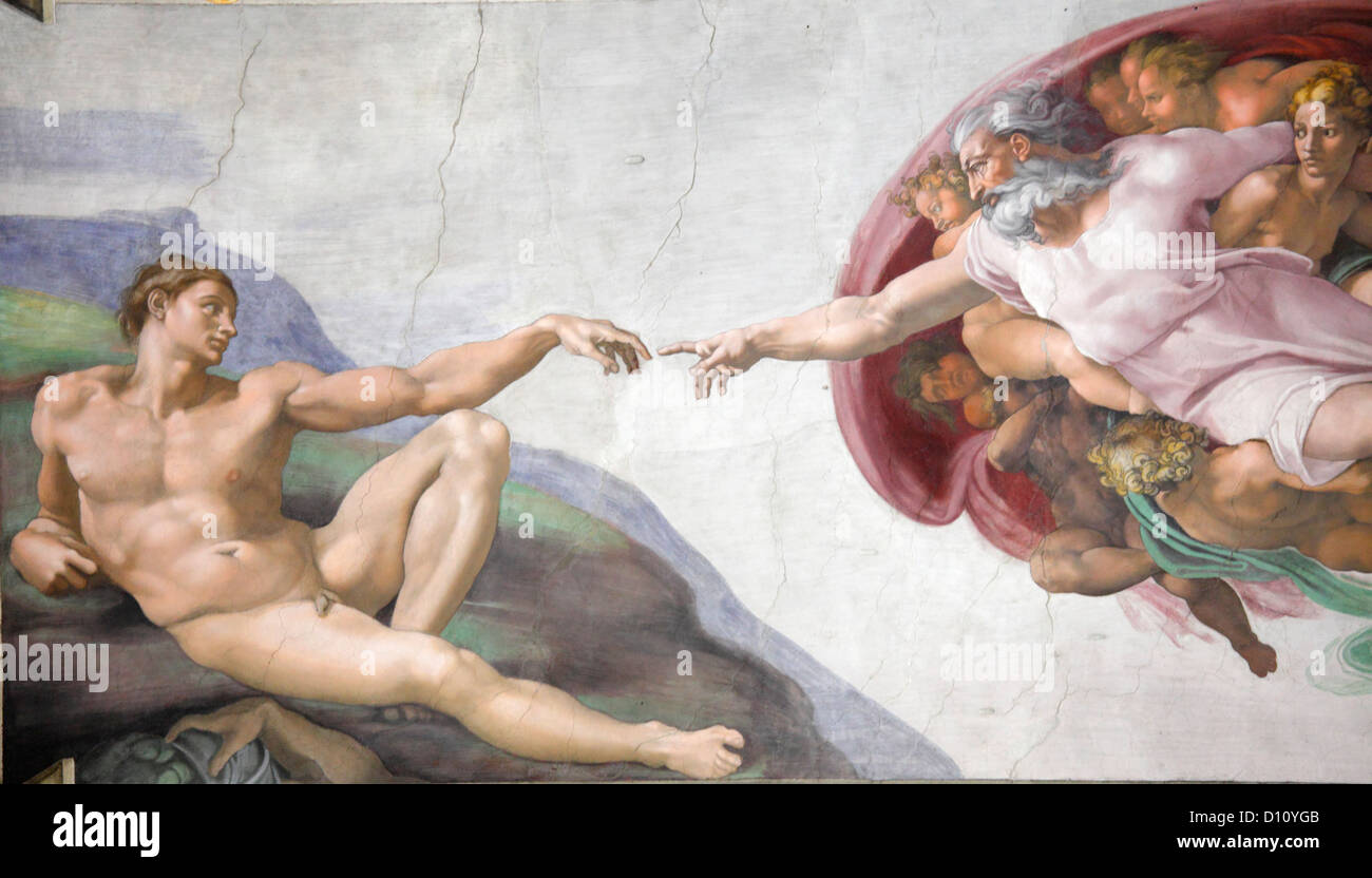 La creazione di Adamo di Michelangelo alla Cappella Sistina, Vaticano, Roma, Italia Foto Stock