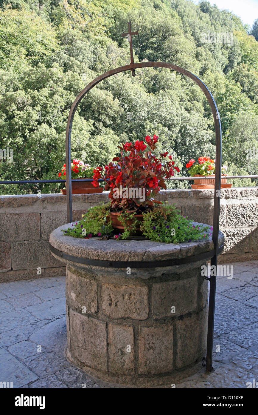 Molto antico pozzo per la raccolta di acqua piovana e un vaso di fiori Foto  stock - Alamy