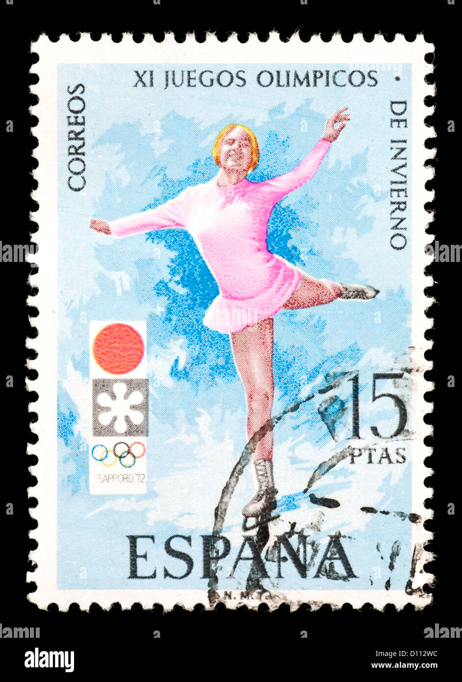 Francobollo dalla Spagna raffigurante una figura skater, rilasciati per il 11 esimo Olimpiadi invernali di Sapporo, Giappone. Foto Stock