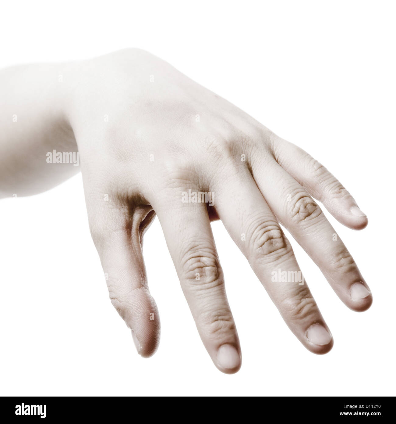 Femmina caduta di mano o afferrare oggetto rotondo, isolato su sfondo bianco Foto Stock
