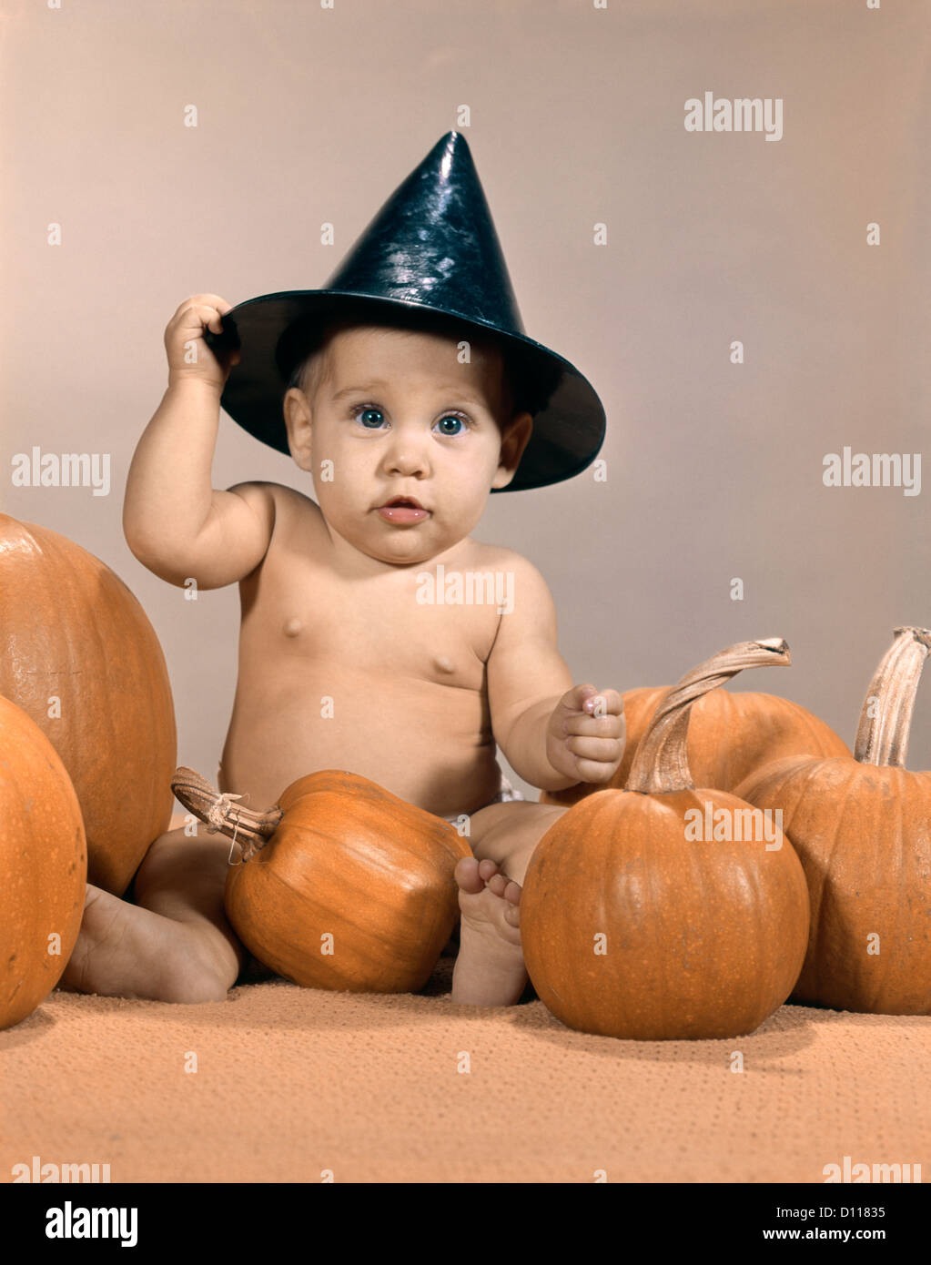 Anni sessanta BABY INDOSSANDO HALLOWEEN WITCH HAT con zucche guardando la fotocamera Foto Stock