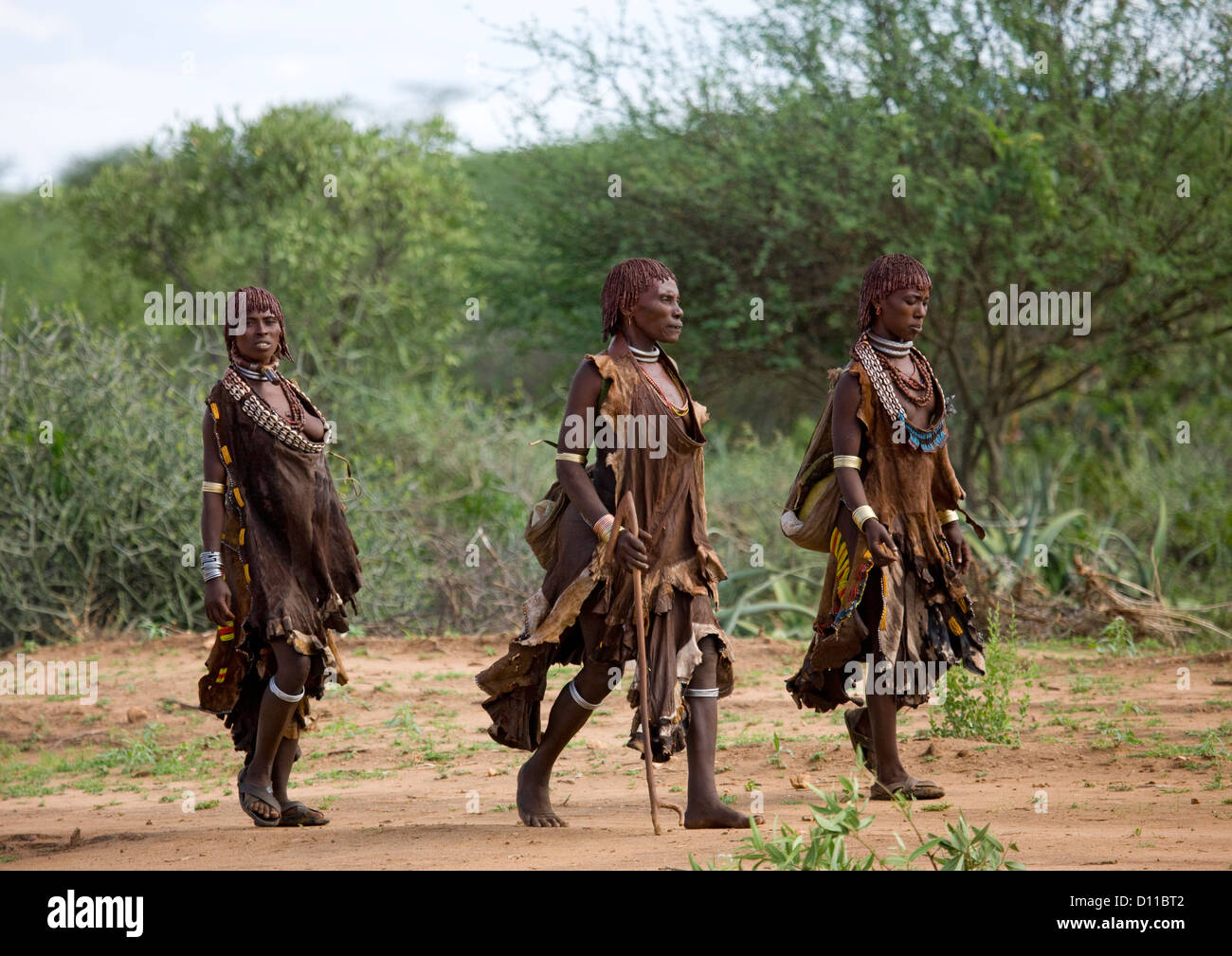 Hamar tribù le donne in Abbigliamento tradizionale a piedi, Turmi, Valle dell'Omo, Etiopia Foto Stock