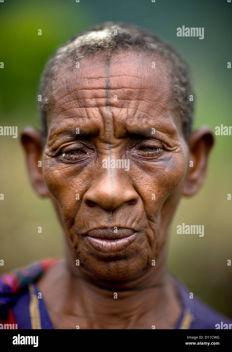 Ritratto di un vecchio Tatooed Ari tribù Donna, Jinka, Etiopia Foto Stock
