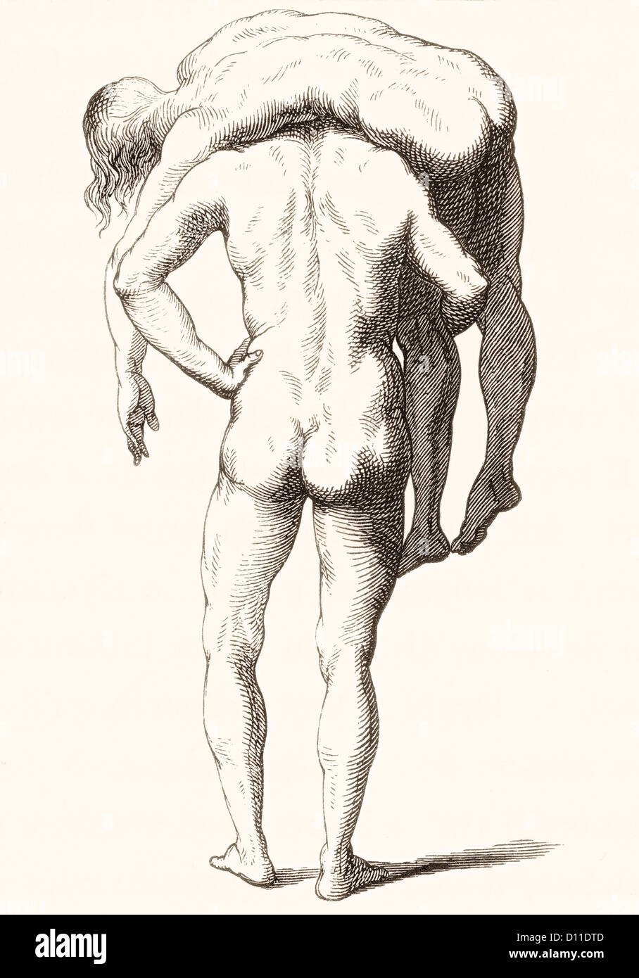 Disegno di Luca Signorelli di vista posteriore di una figura maschile che trasportano un altro sulle sue spalle. Foto Stock