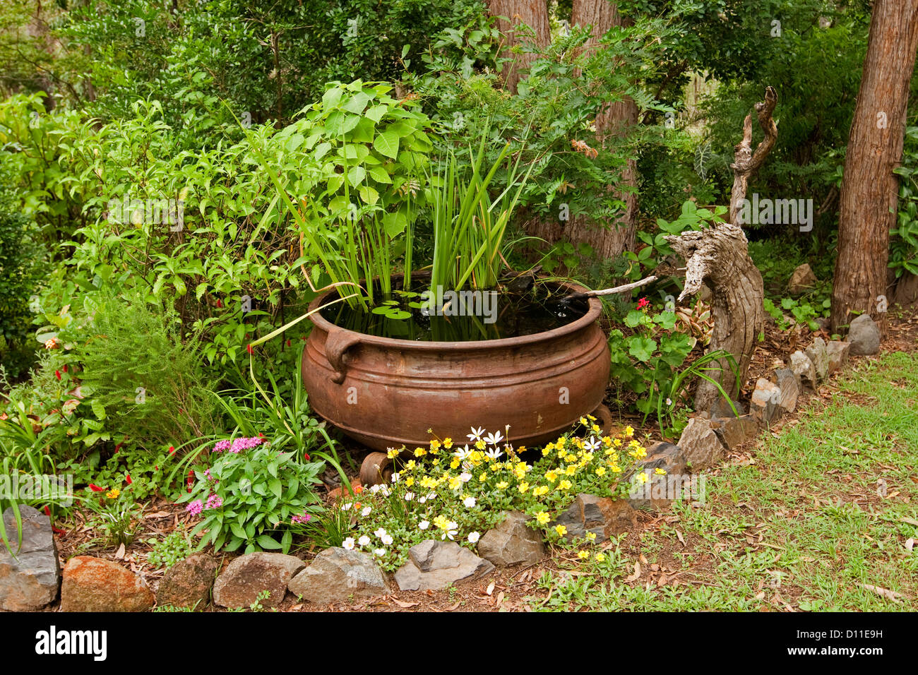 Ornato del laghetto in giardino - grande calderone arrugginito come una funzione di acqua con piante acquatiche e circondato da colorati di piante fiorite Foto Stock