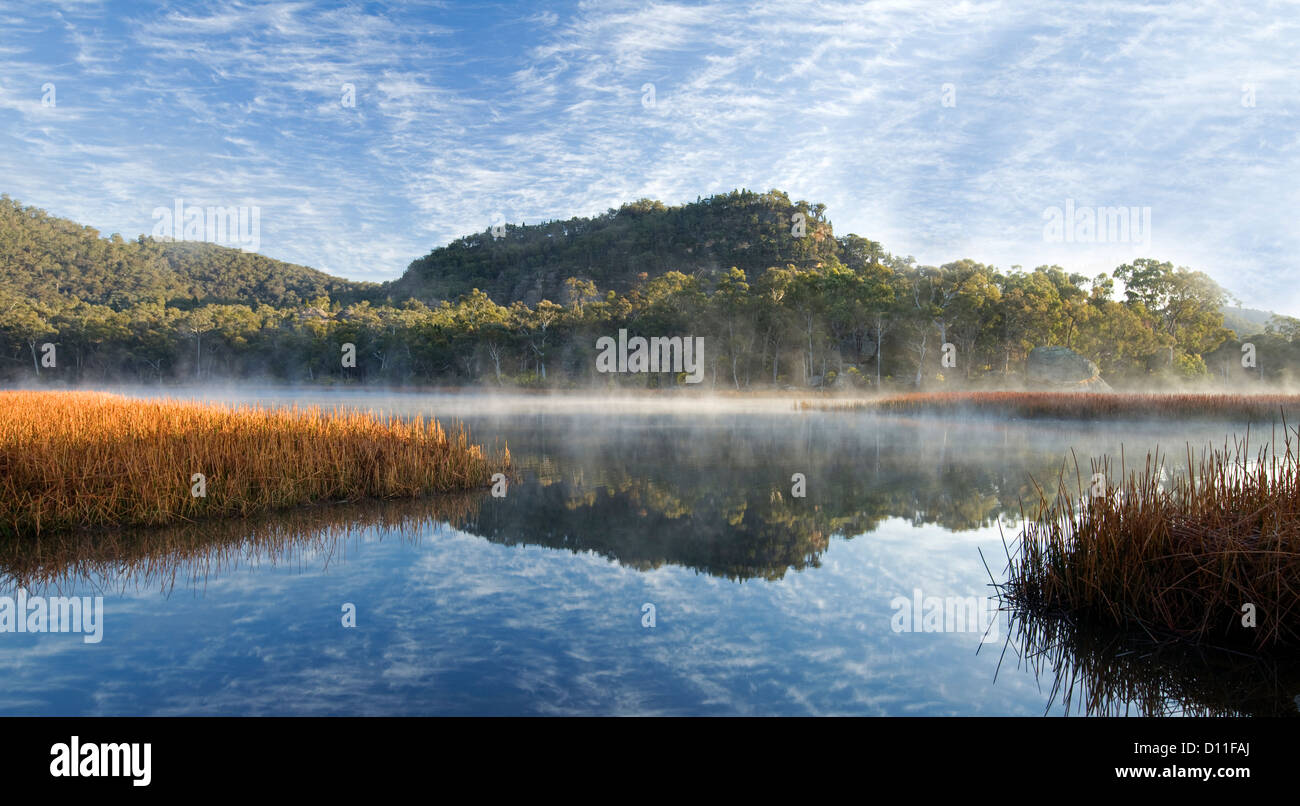 Paesaggio con early morning mist rising su calme acque blu del lago a Dunn's Swamp, Wollemi National Park, NSW Australia Foto Stock
