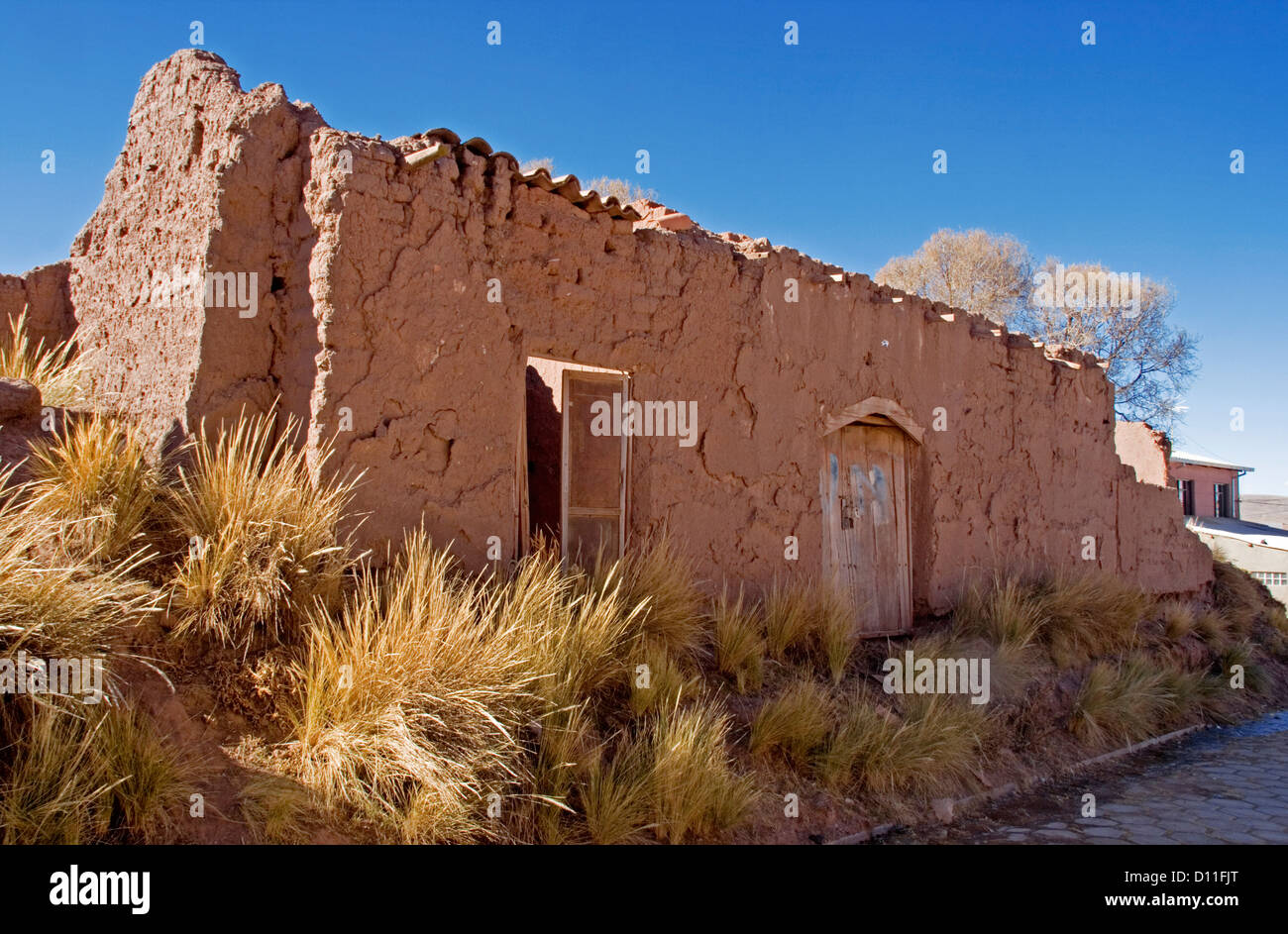 Rovine di adobe / mattone di fango casa di Tiwanaku / Tiahuanacu village nel Altiplano della Bolivia America del Sud Foto Stock