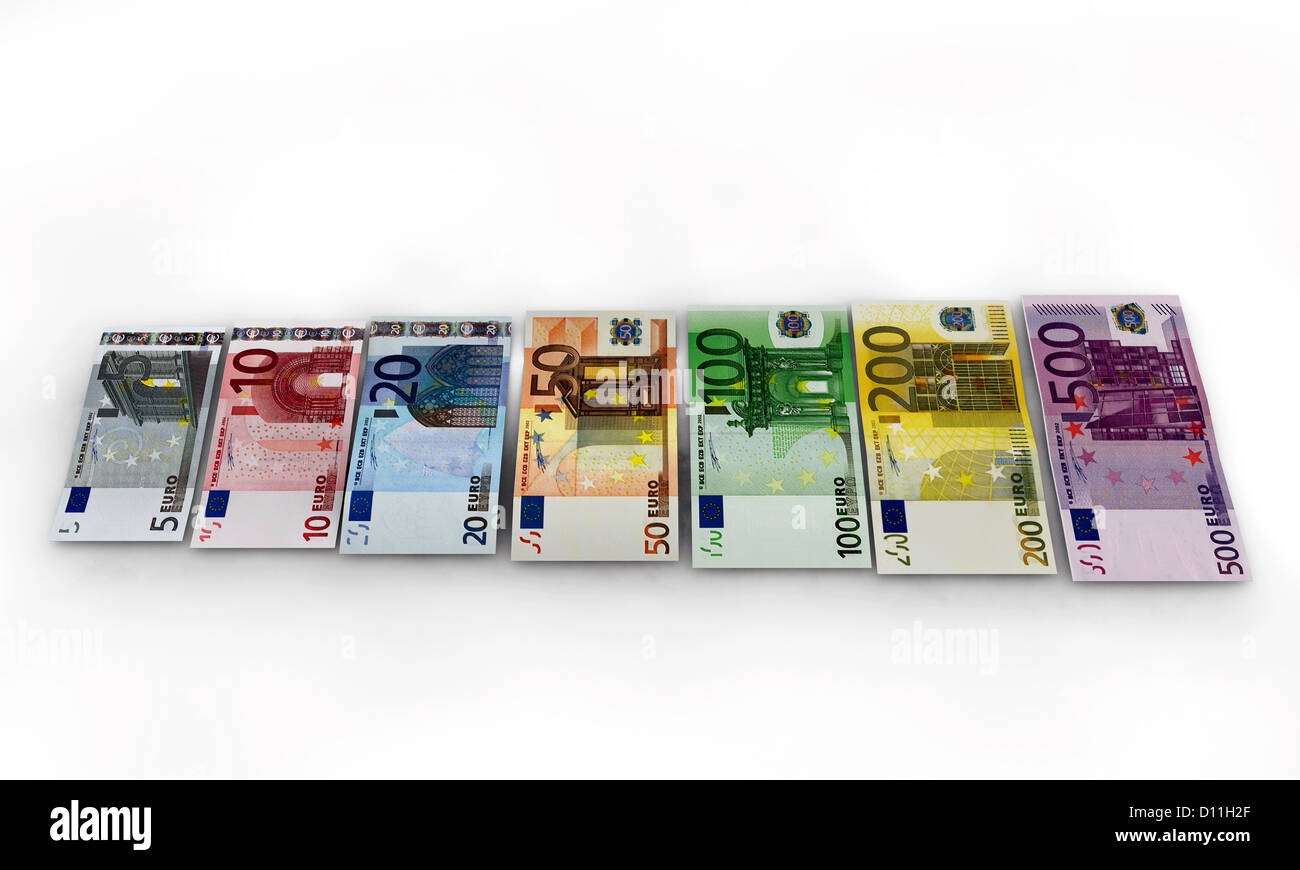 Le banconote in euro isolati su sfondo bianco Foto Stock