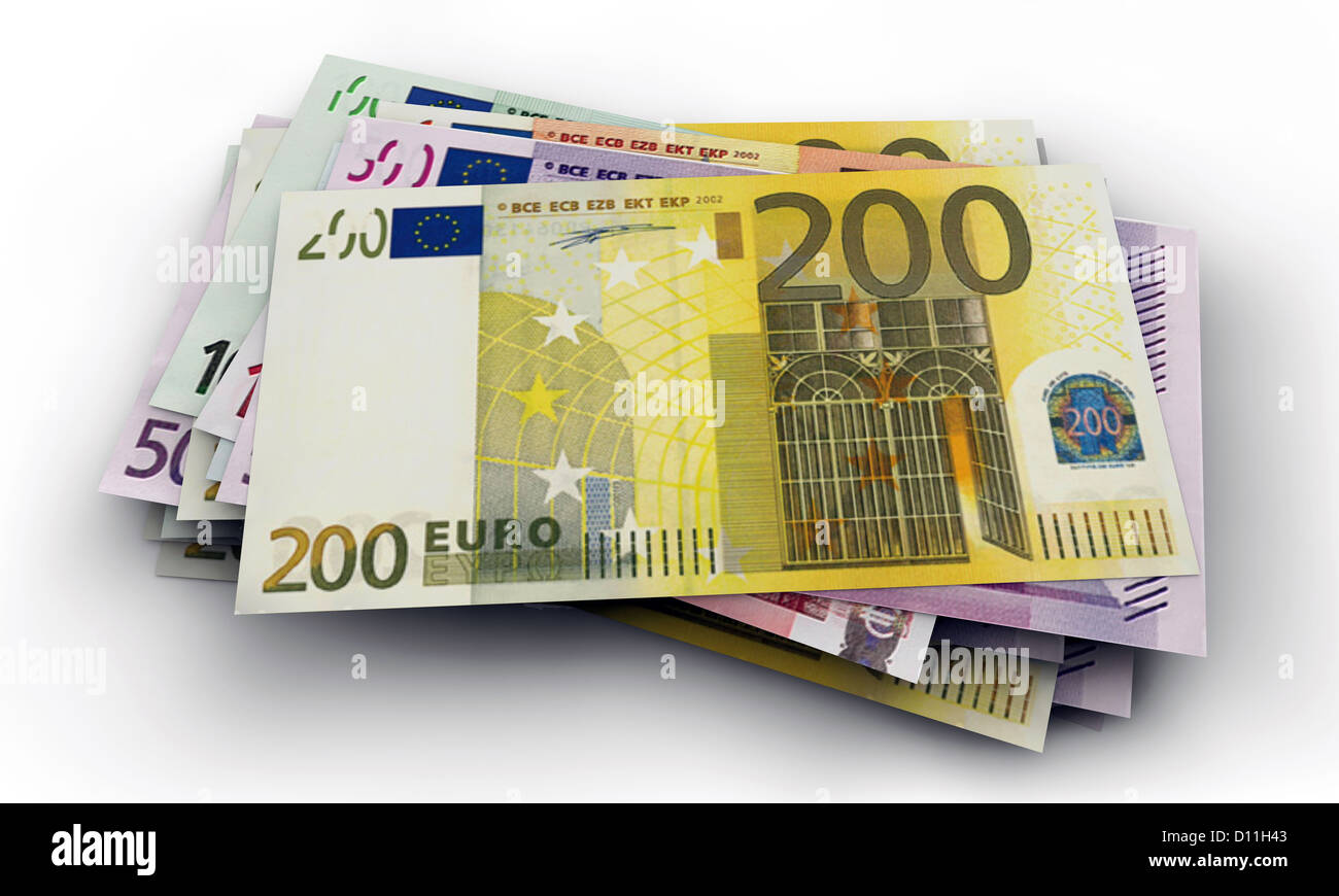 Le banconote in euro isolati su sfondo bianco Foto Stock