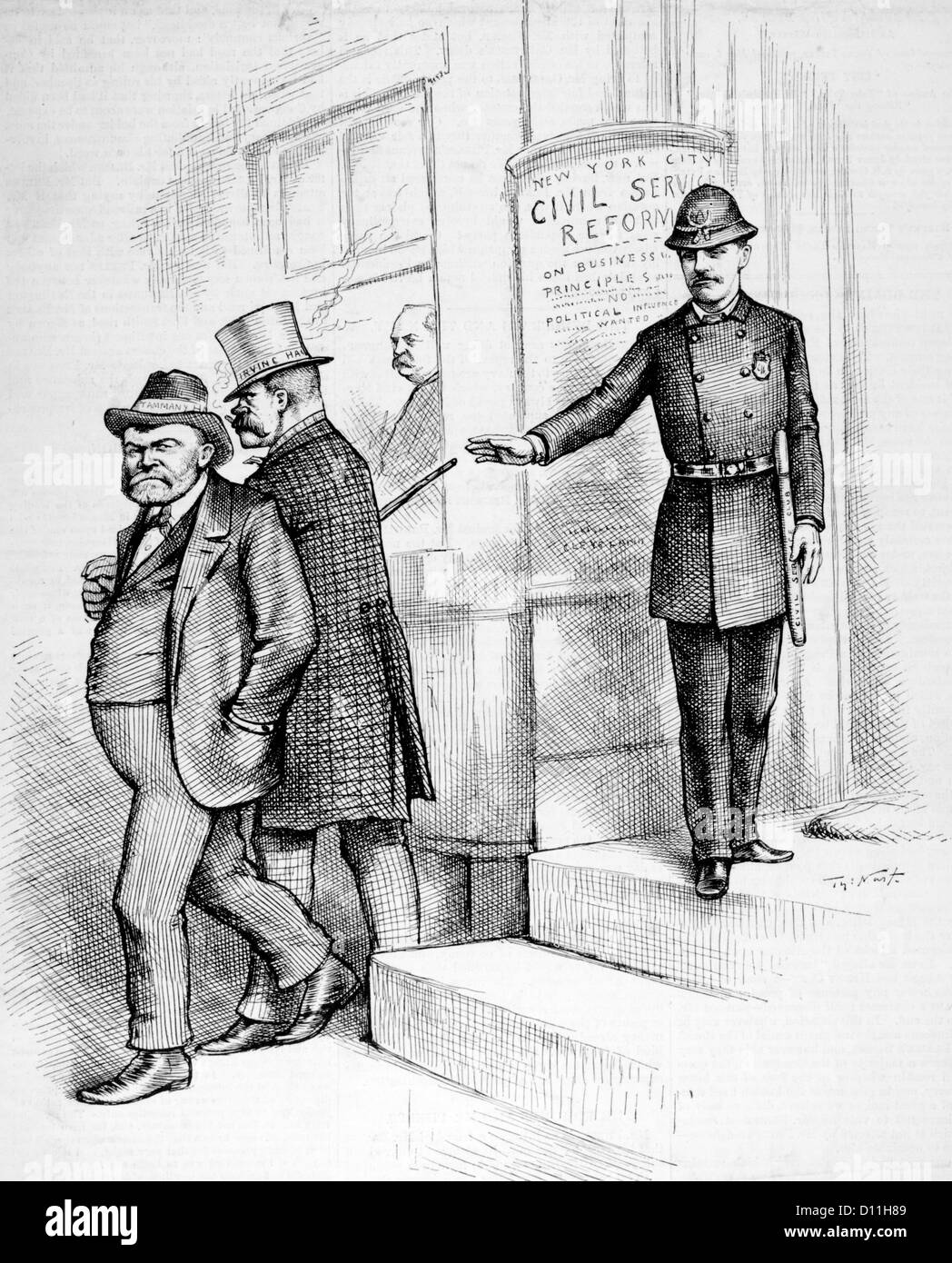1880 1884 THOMAS NAST CARTOON Teddy Roosevelt come poliziotto OUSTS TAMMANY HALL E IRVING BORCHIE HALL DI NEW YORK LA RIFORMA DEL SERVIZIO CIVILE Foto Stock