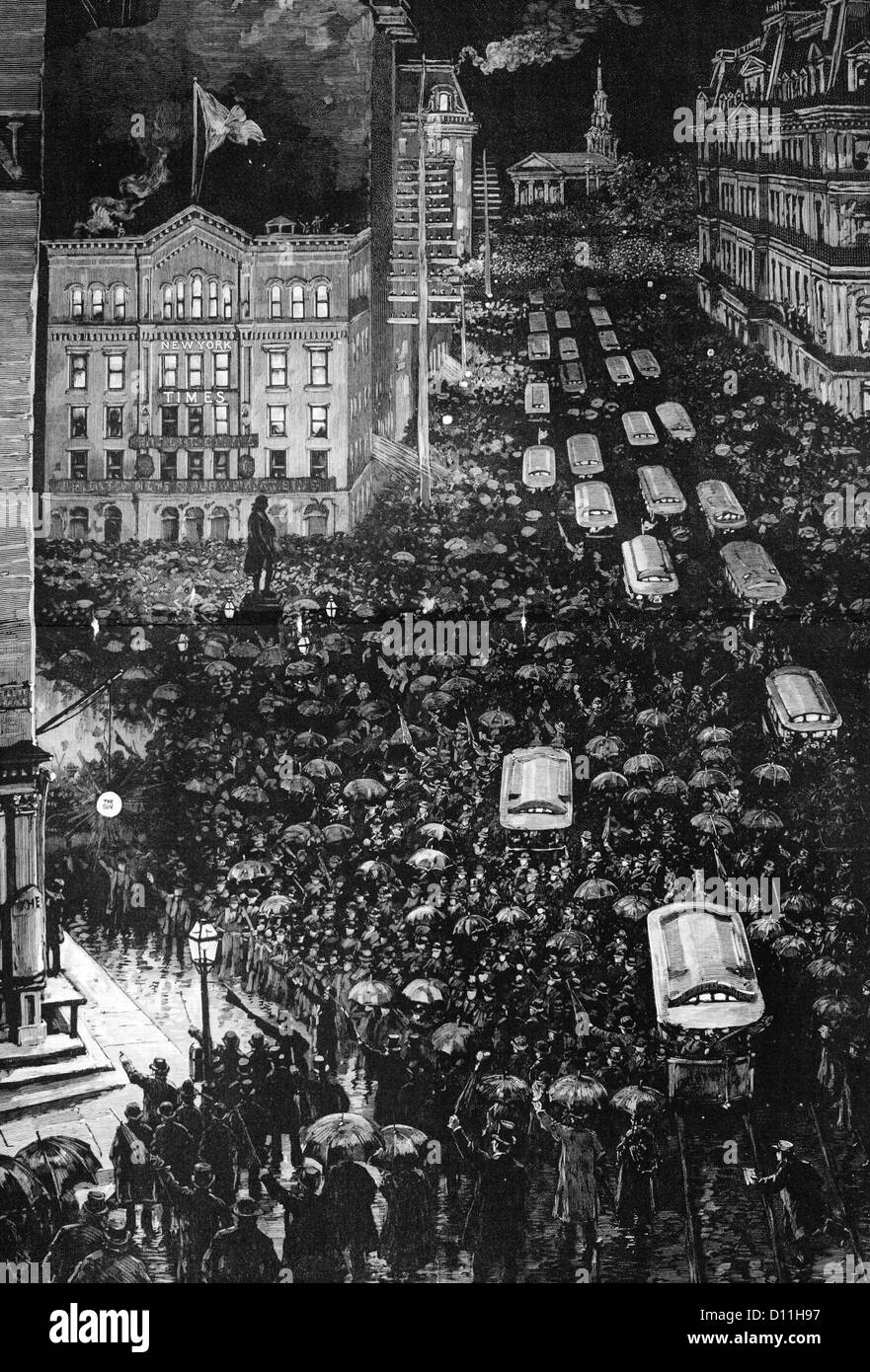 1880 novembre 4 1884 elezioni presidenziali restituisce folla TIMES SQUARE A NEW YORK CITY INCISIONE DI T DE THULSTRUP & W P SNYDER Foto Stock