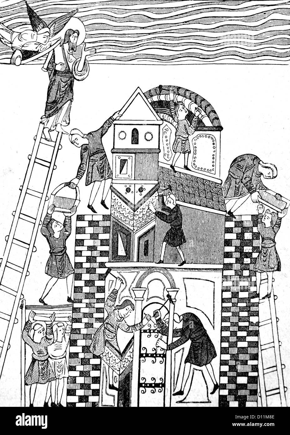 Illustrazione della costruzione della torre di Babele dal Libro Cassell della storia dell'Inghilterra il Volume I Foto Stock