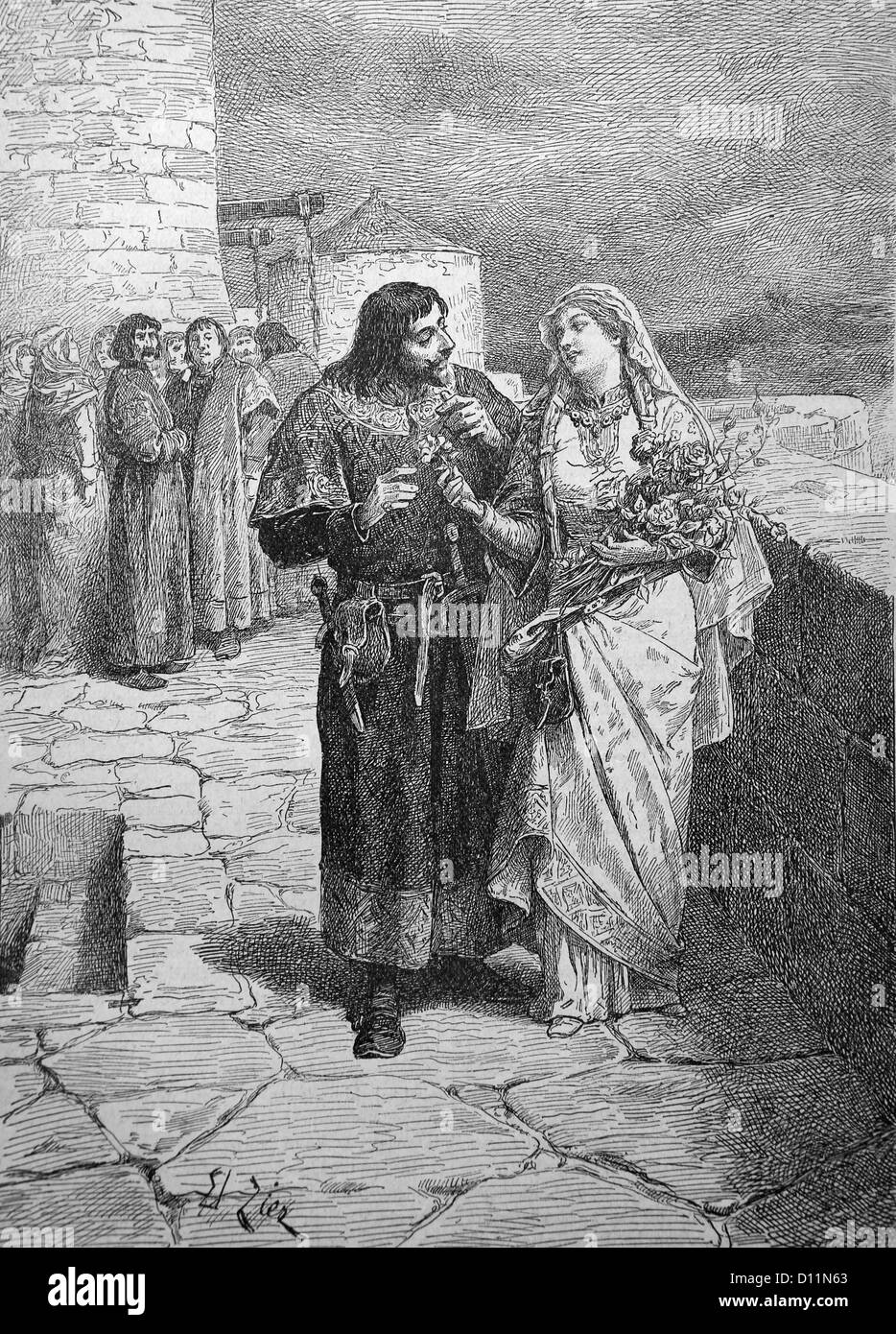 Illustrazione Di Robert di Normandia pagando corte alla signora Sibylla dal Libro Cassell Storia dell 1100 A.D Inghilterra Volume I Foto Stock