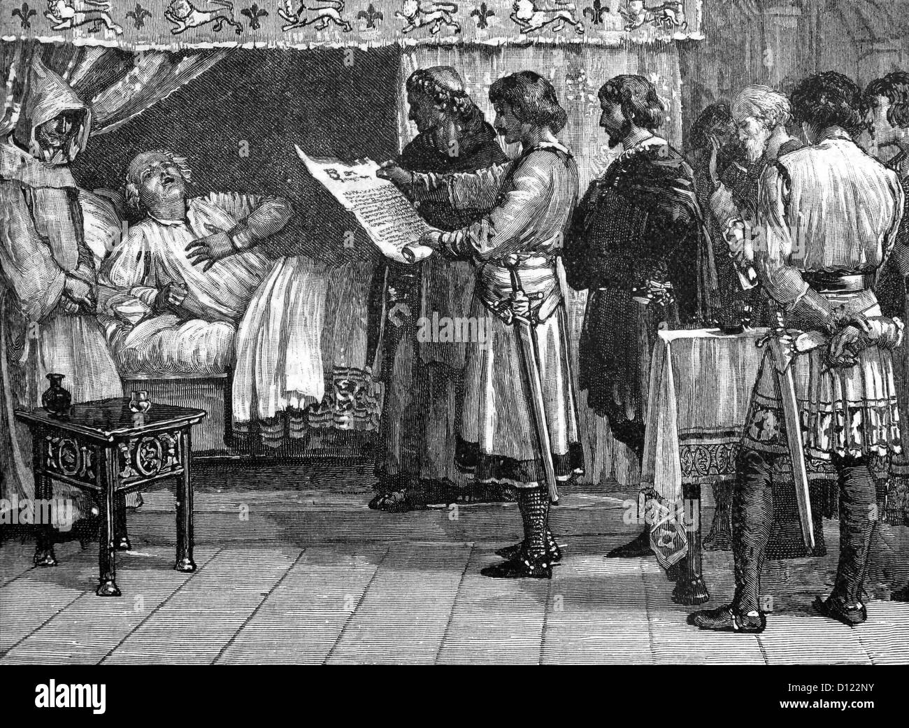 Illustrazione del Re Enrico II riceve la notizia del suo figlio Principe Giovanni il tradimento 1189 A.D Foto Stock