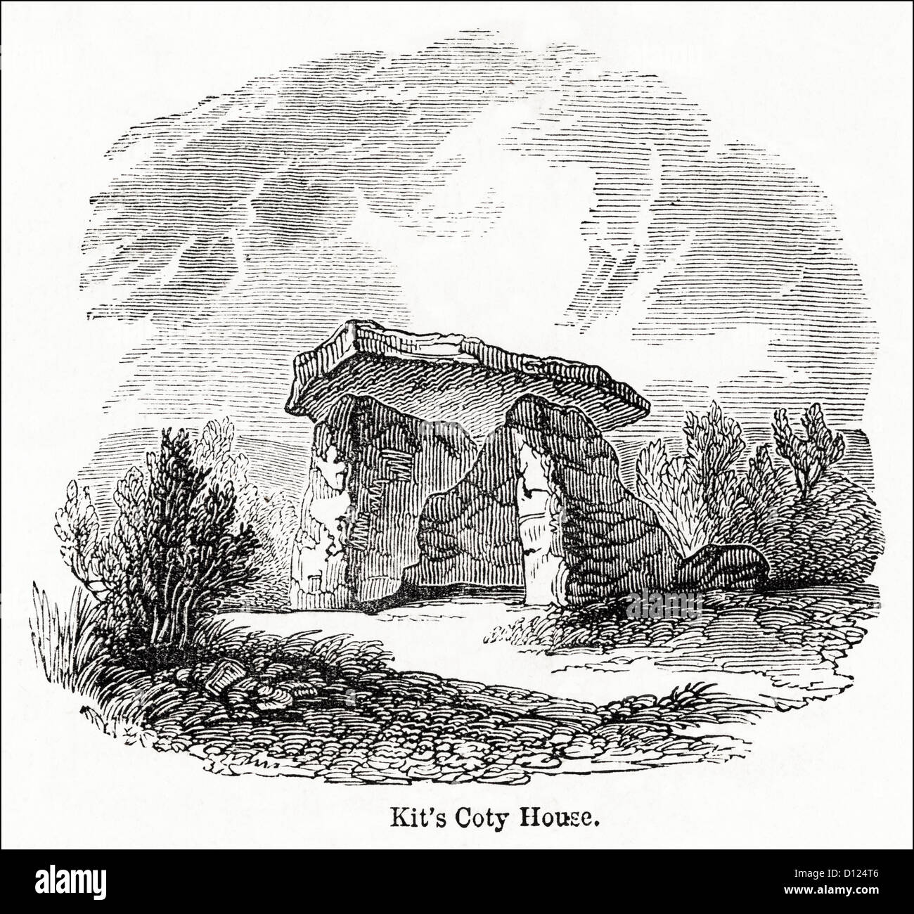 Kit di Coty House un chambered neolitico long barrow su Blue Bell Hill nelle vicinanze Aylesford Kent. Victorian xilografia incisione circa 1845 Foto Stock