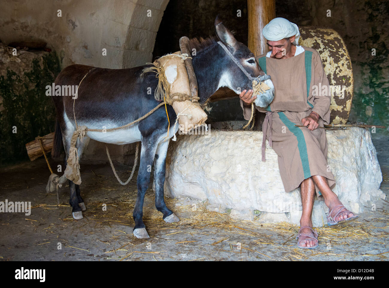 Macina & asino utilizzato per la spremitura delle olive per fare l'olio di oliva nel villaggio di Nazareth Foto Stock