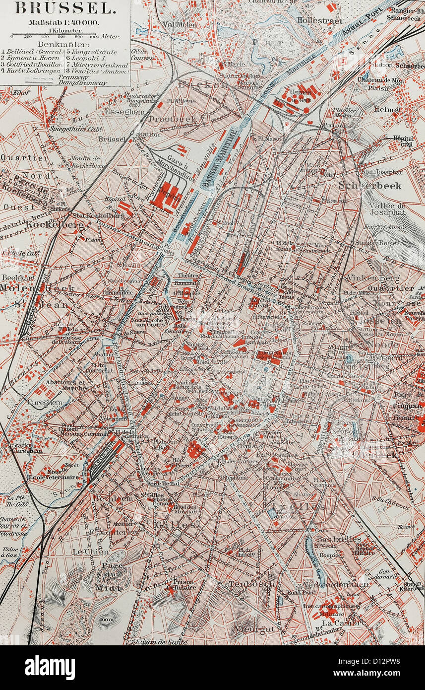 Xix secolo vecchio mappa di Bruxelles Foto Stock