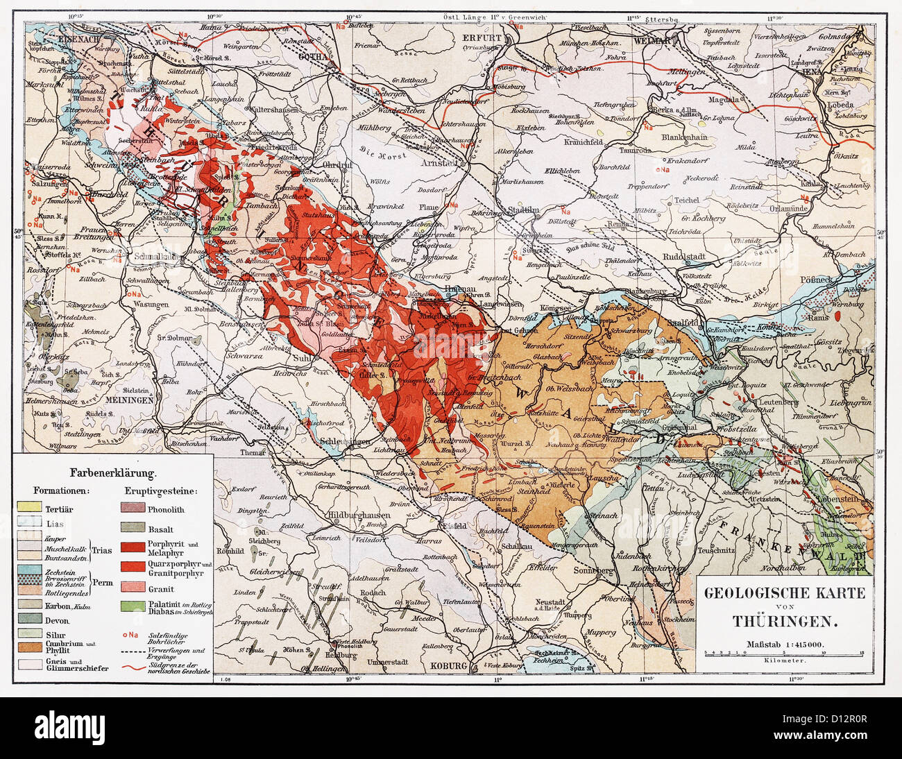 Vintage mappa geologica della Turingia dalla fine del XIX secolo Foto Stock