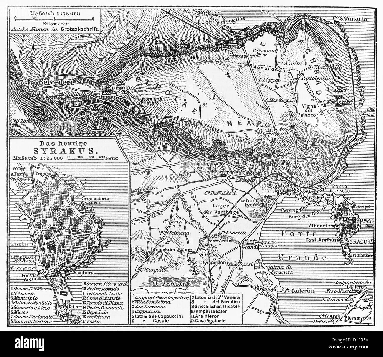 Vintage map del vecchio e del nuovo Siracusa all inizio del XX secolo Foto Stock