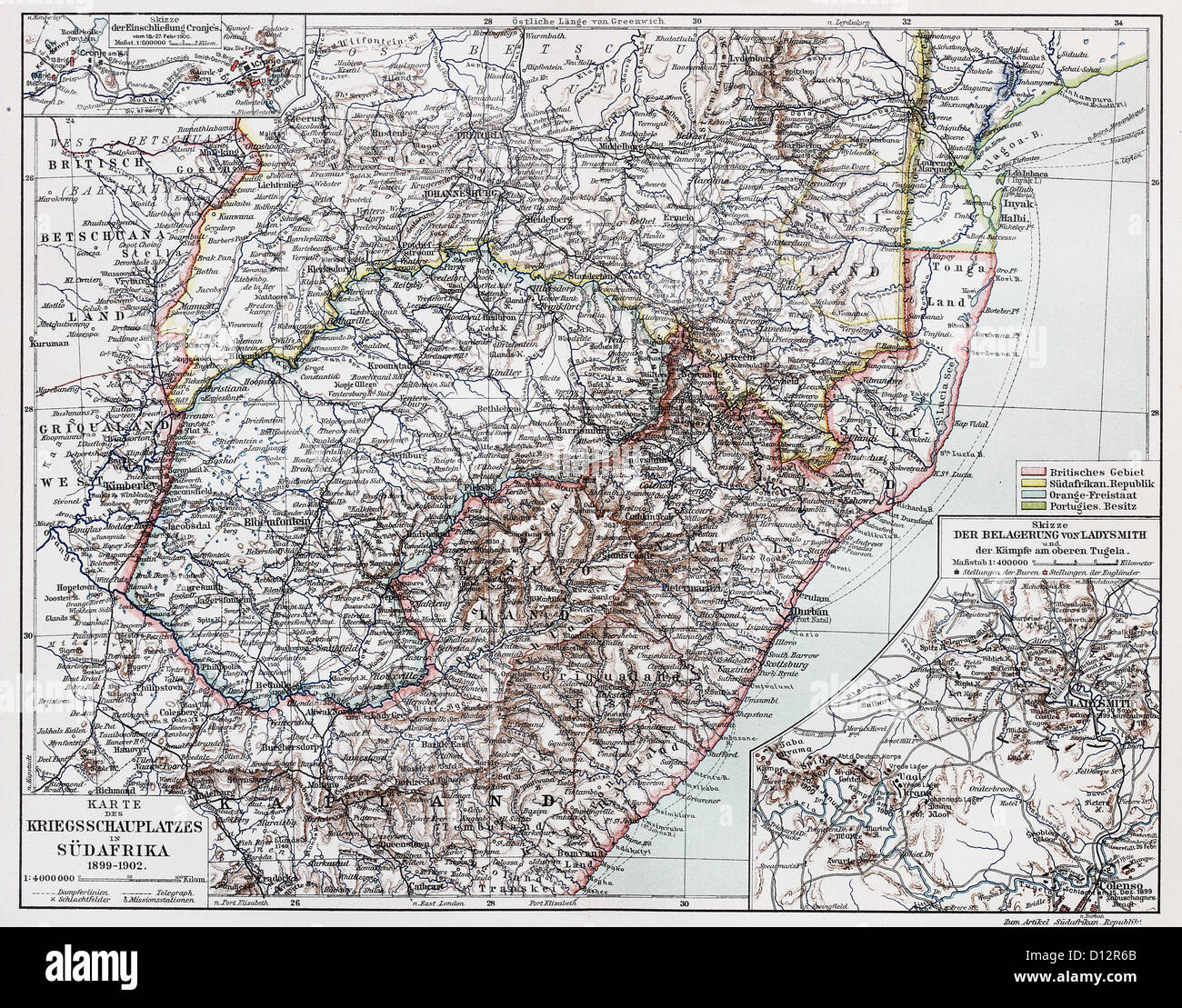 Vintage map del teatro di guerra in Sud Africa, periodo 1899-1902 Foto Stock