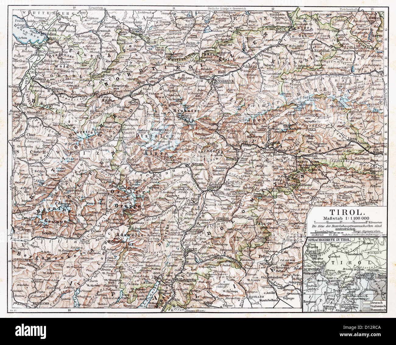 Vintage map del Tirolo stato alla fine del XIX secolo Foto Stock