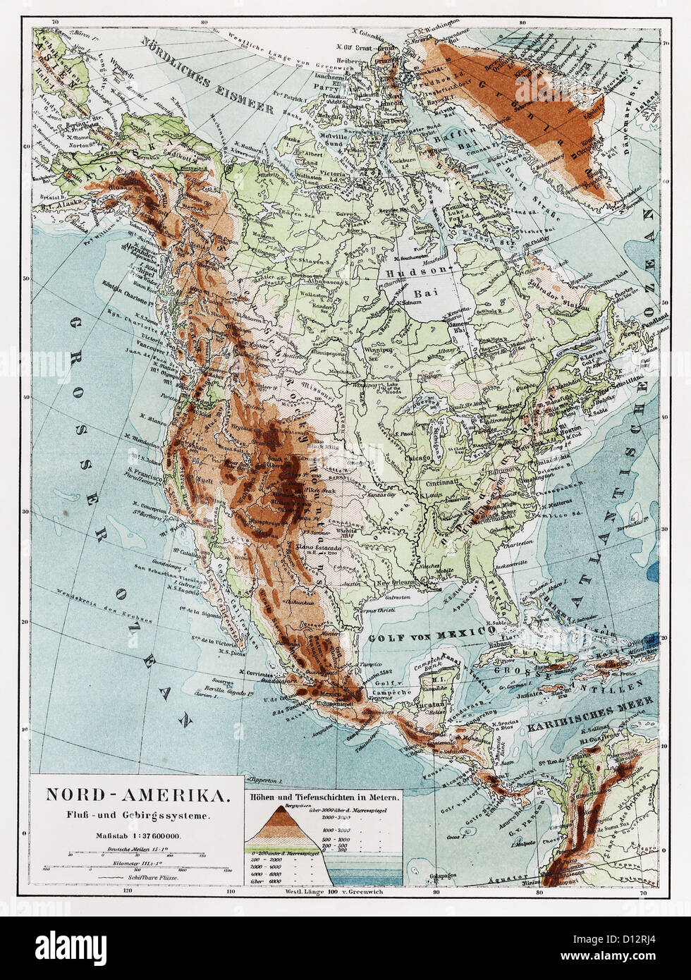Vintage geografica mappa del Nord America continente alla fine del XIX secolo Foto Stock