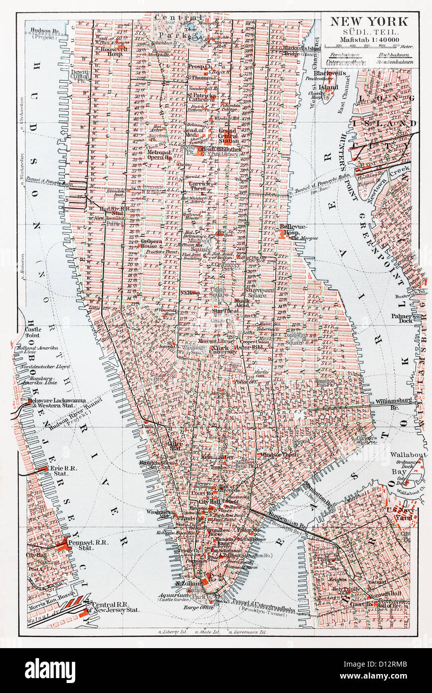 Vintage map del sud di Manhattan a New York alla fine del XIX secolo Foto Stock