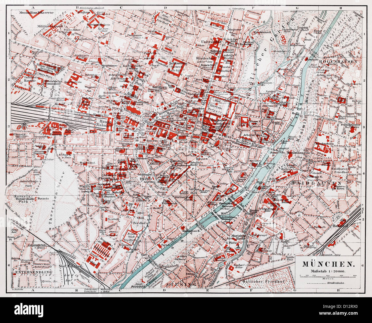 Vintage mappa di Monaco di Baviera alla fine del XIX secolo Foto Stock