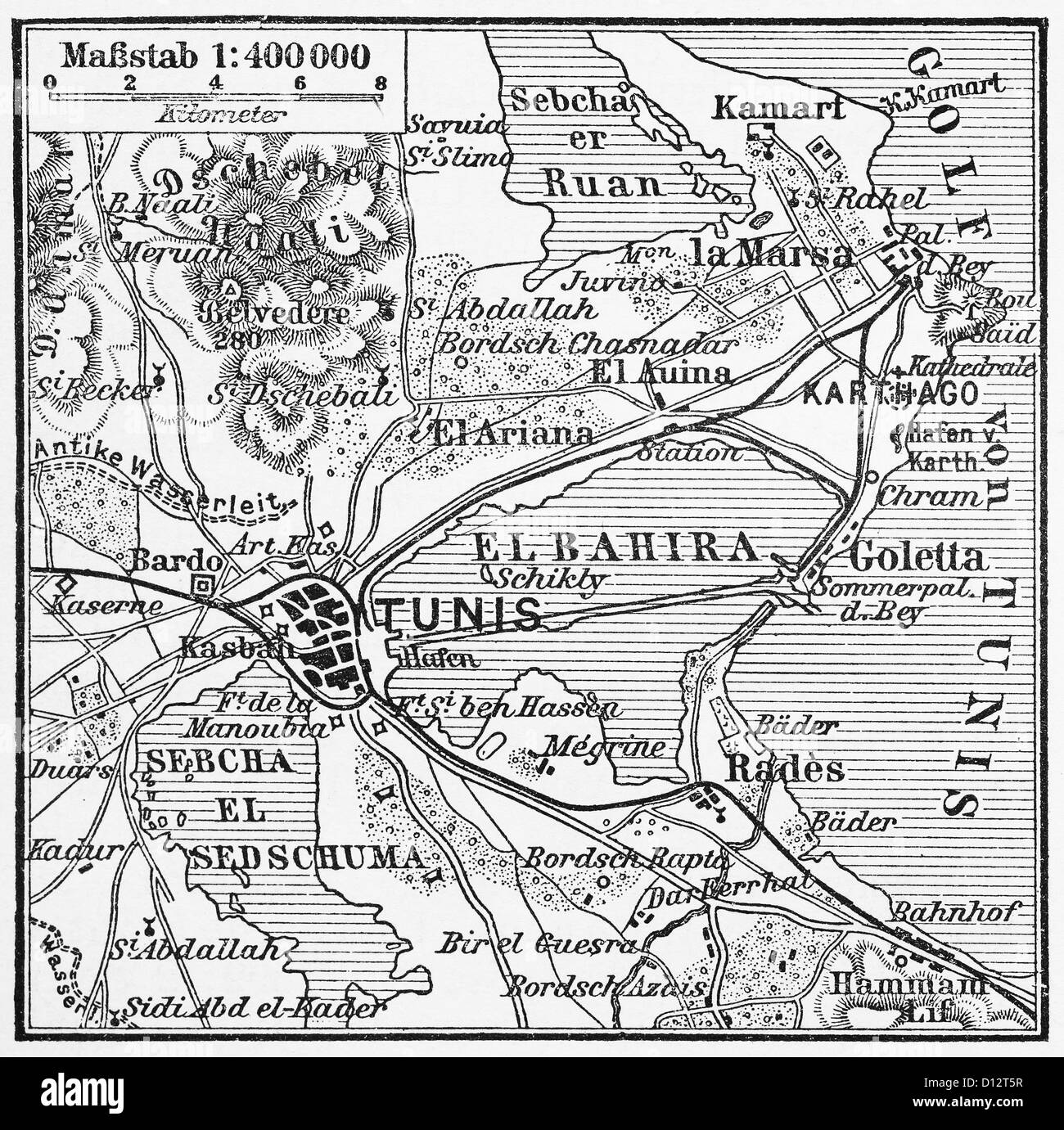 Vintage map di Tunisi alla fine del XIX secolo Foto Stock