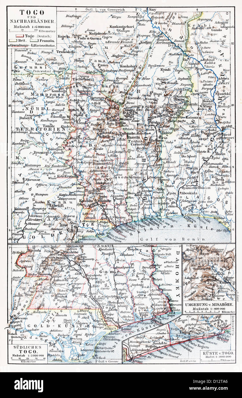 Vintage map del Togo e nei paesi vicini alla fine del XIX secolo Foto Stock