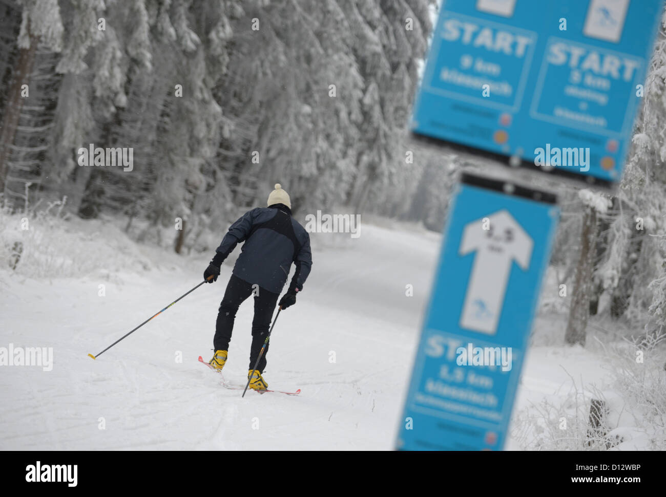 Con la profondità della neve raggiungendo circa 20 cm, un cross country sciatore apre la stagione sciistica sul Hohe Meissen, Germania, 05 dicembre 2012. Foto: UWE ZUCCHI Foto Stock