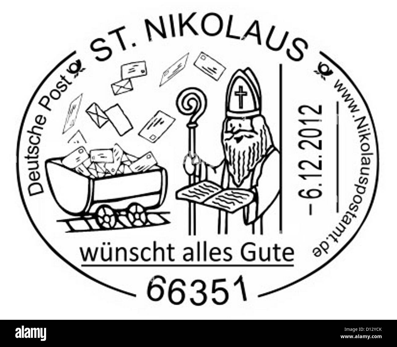 Il timbro postale speciale della Nicholas post office è visto in 66351 San Nicolò, Germania, 05 dicembre 2012. Dal 1966, vi è stato un Natale speciale ufficio postale a cui risponde ai bambini le lettere durante il tempo di Avvento. Foto: Becker&Bredel Foto Stock