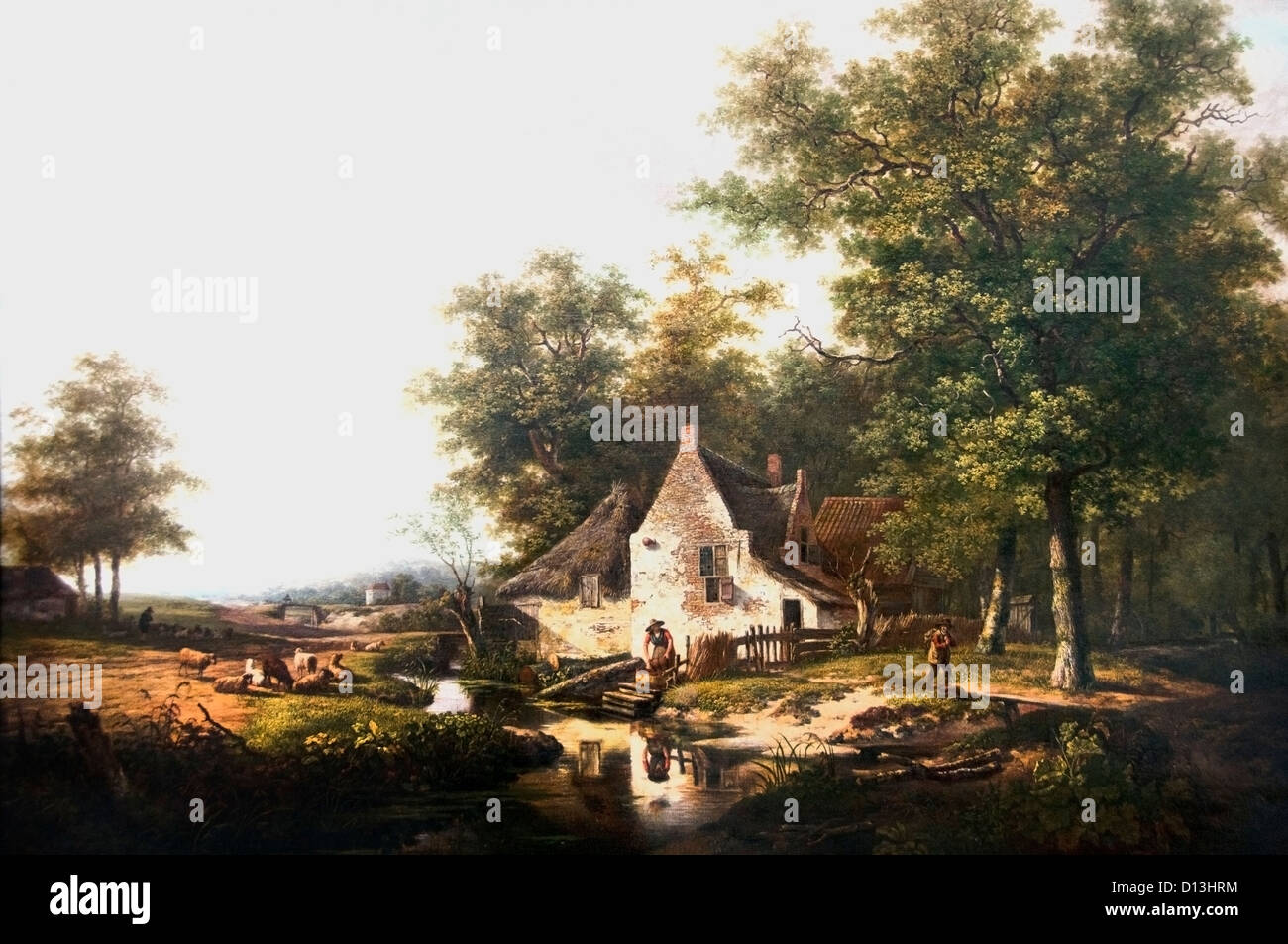 Paesaggio con una fattoria tra gli alti alberi 1817 Andreas Schelfhout olandese dei Paesi Bassi Foto Stock
