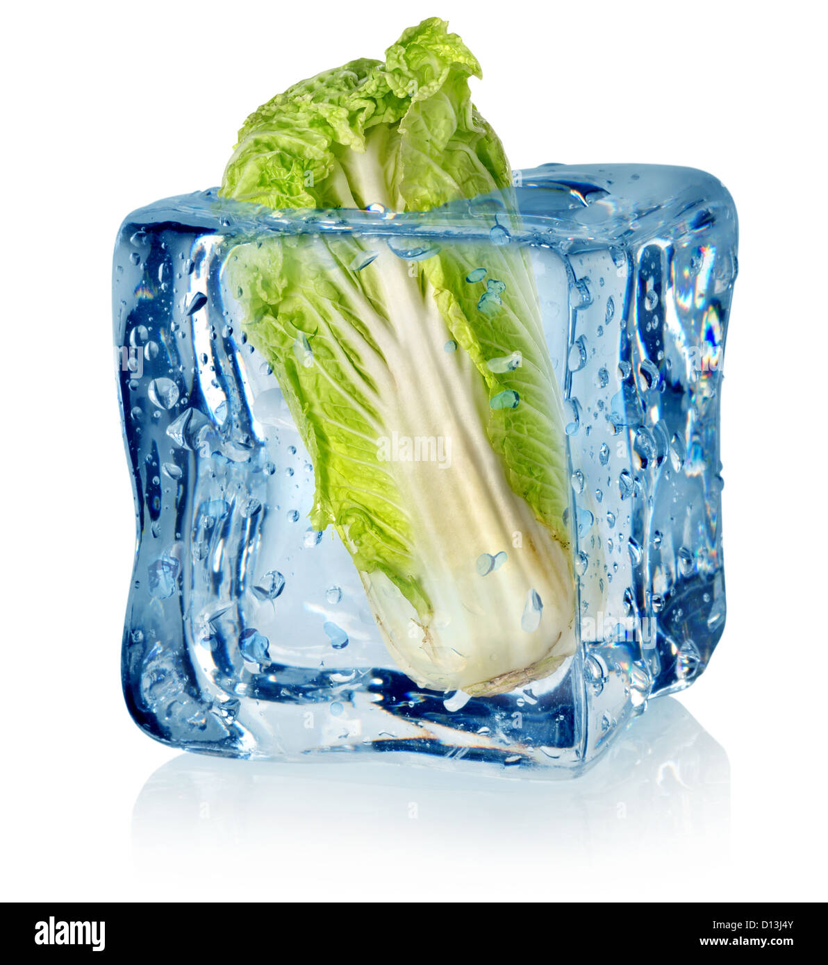 Il cubo di ghiaccio e il cavolo cinese isolato su uno sfondo bianco Foto Stock