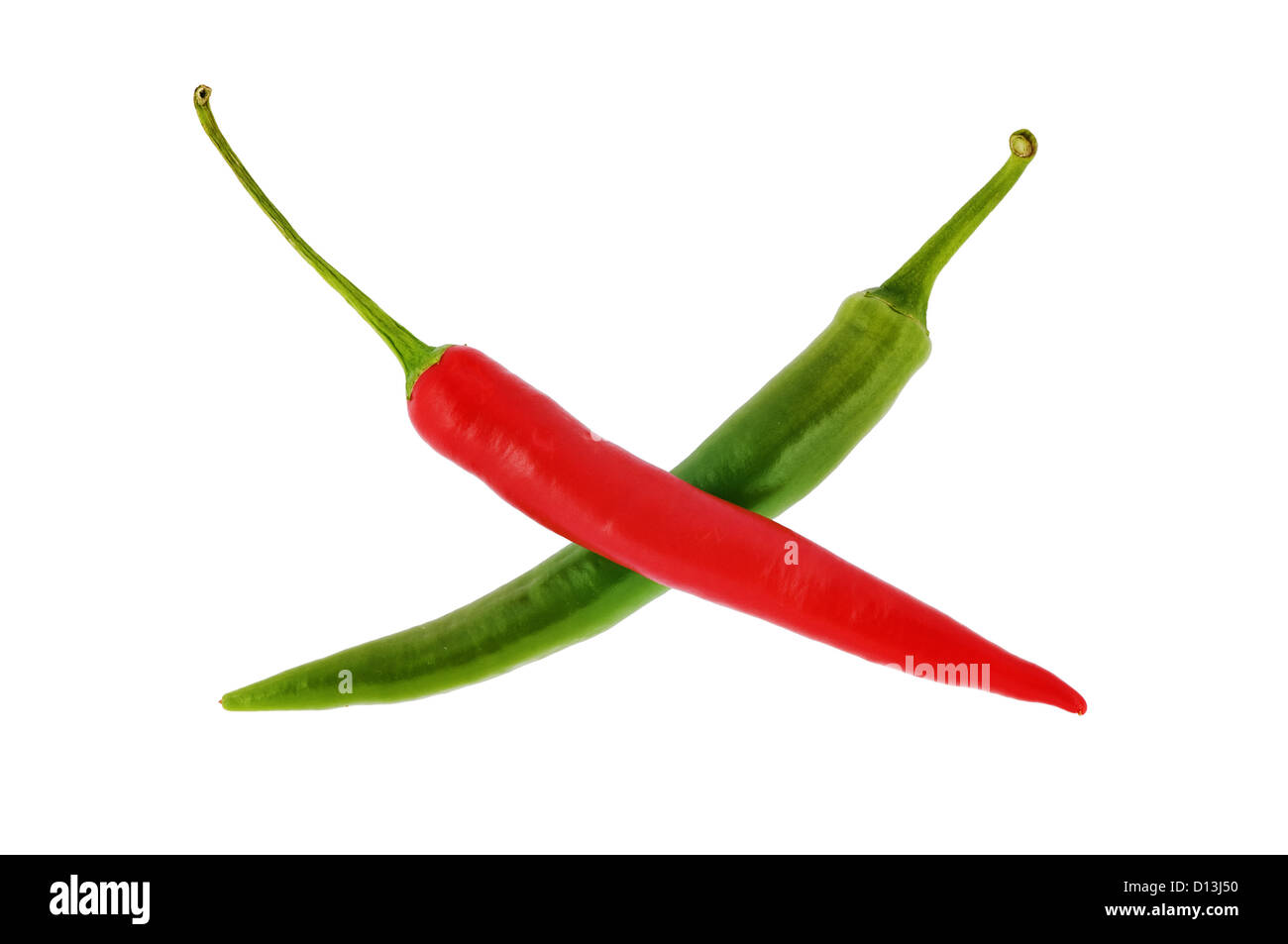 Il rosso e il verde Hot Chili Peppers su bianco Foto Stock