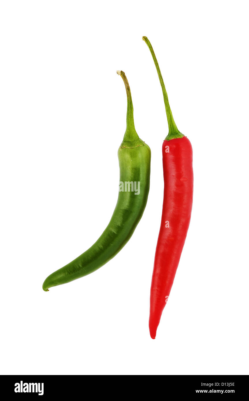Il rosso e il verde Hot Chili Peppers su bianco Foto Stock