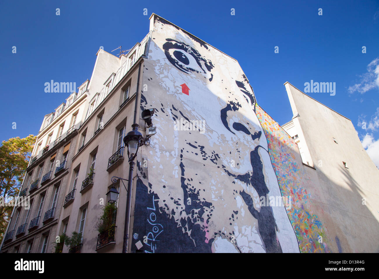 Jeff Aerosol commissionato dell opera di arte dei graffiti sul lato di un edificio adiacente al Centre Pompidou, Parigi, Francia Foto Stock