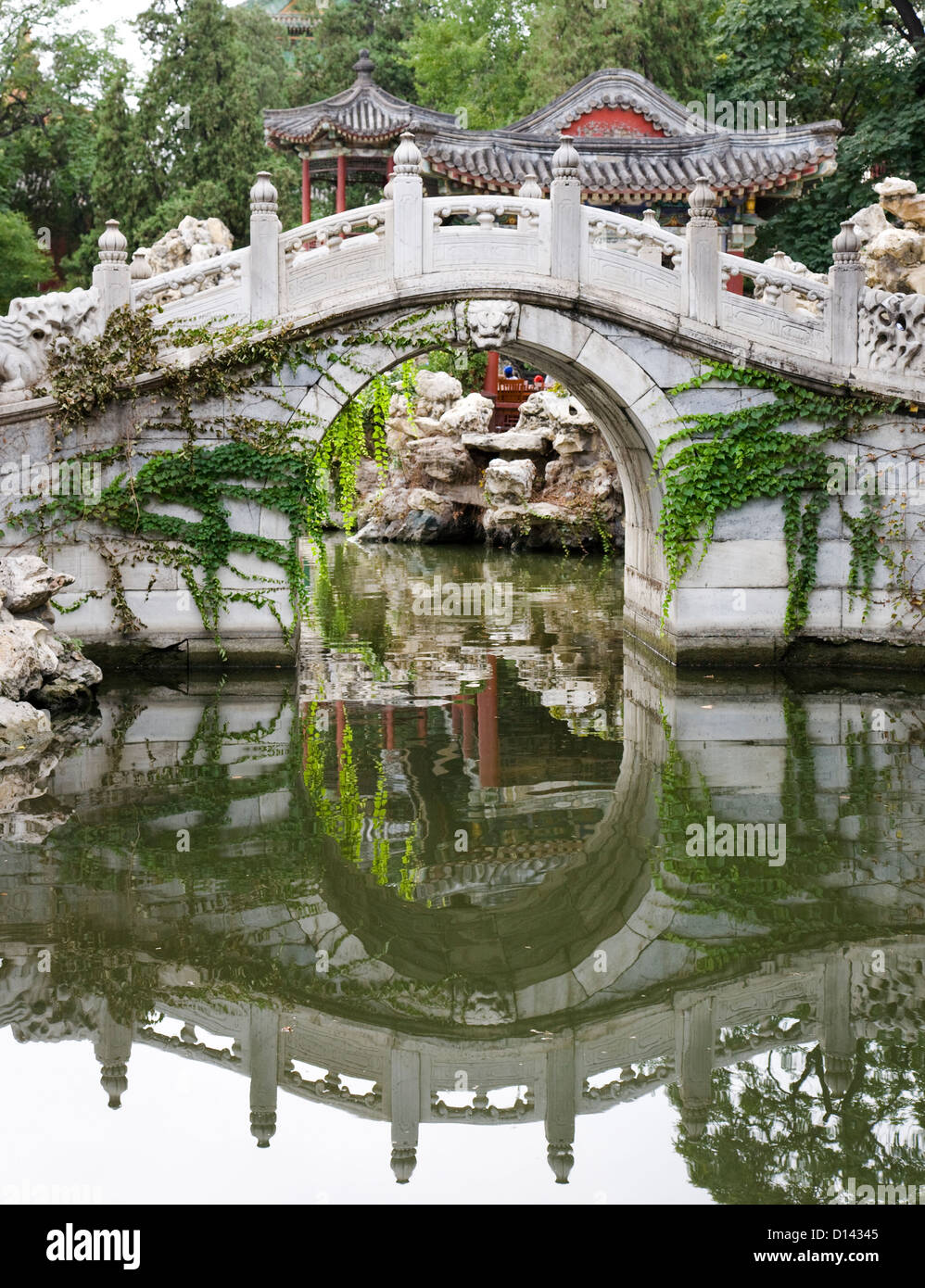 Ponte di arco con la riflessione in giardino cinese. Foto Stock