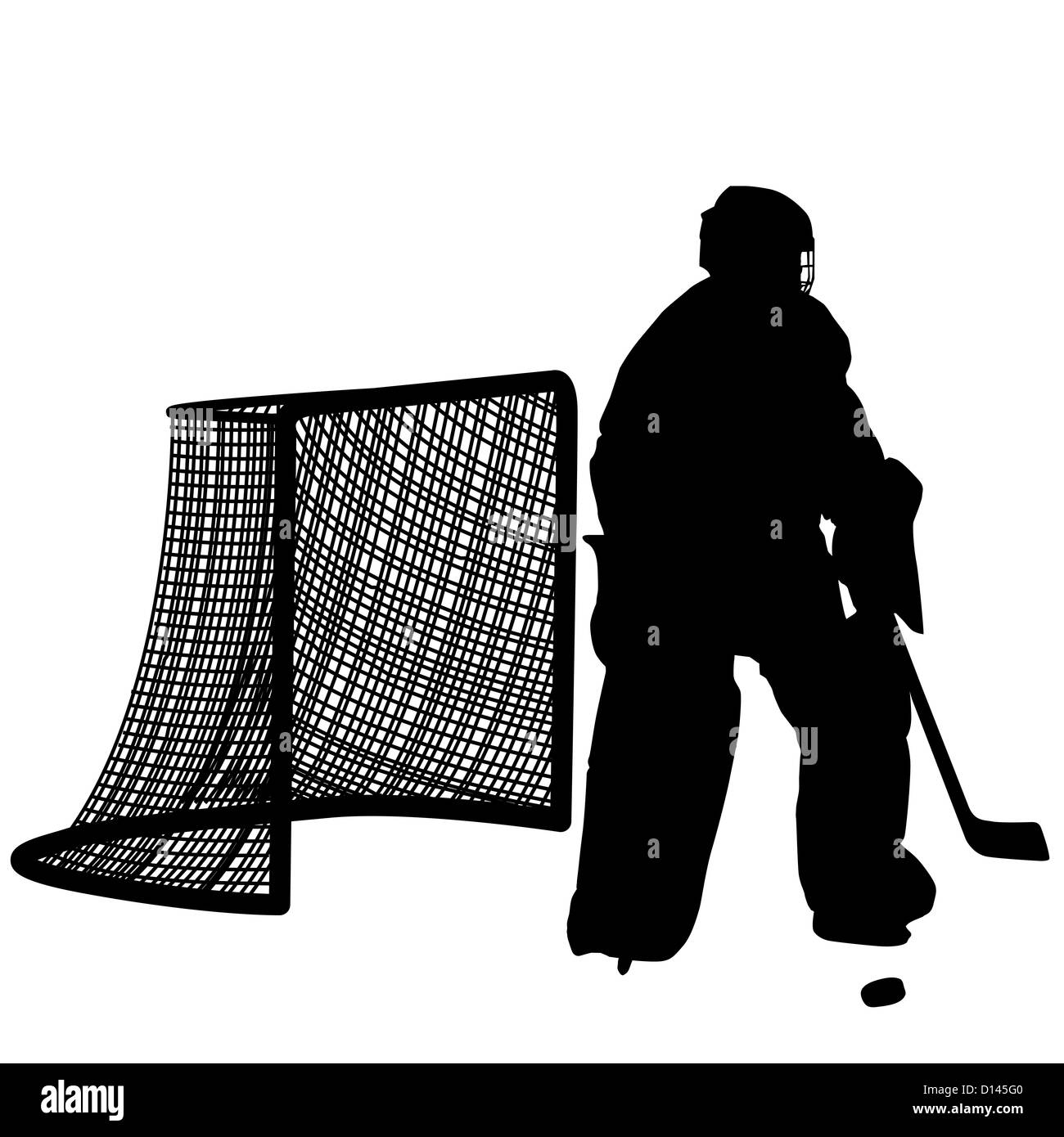 Sagome di giocatore di hockey il portiere. Isolato su bianco. Illustrazioni vettoriali. Foto Stock