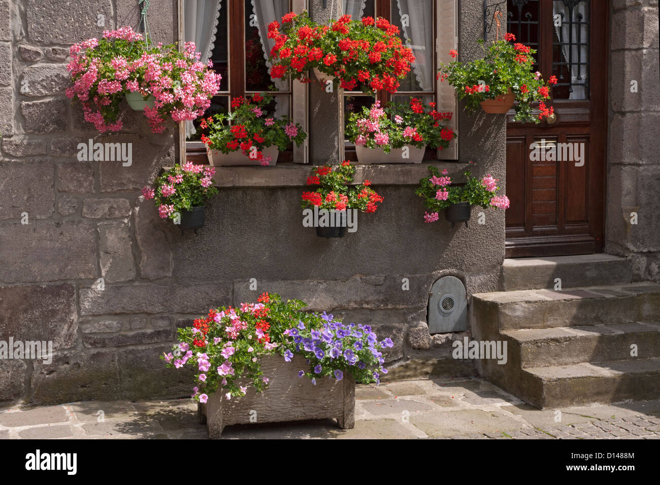 Estate vasi per piante e appendere cesti pieni di fiori per la maggior parte dei gerani davanti alla porta e fasi di casa. Foto Stock