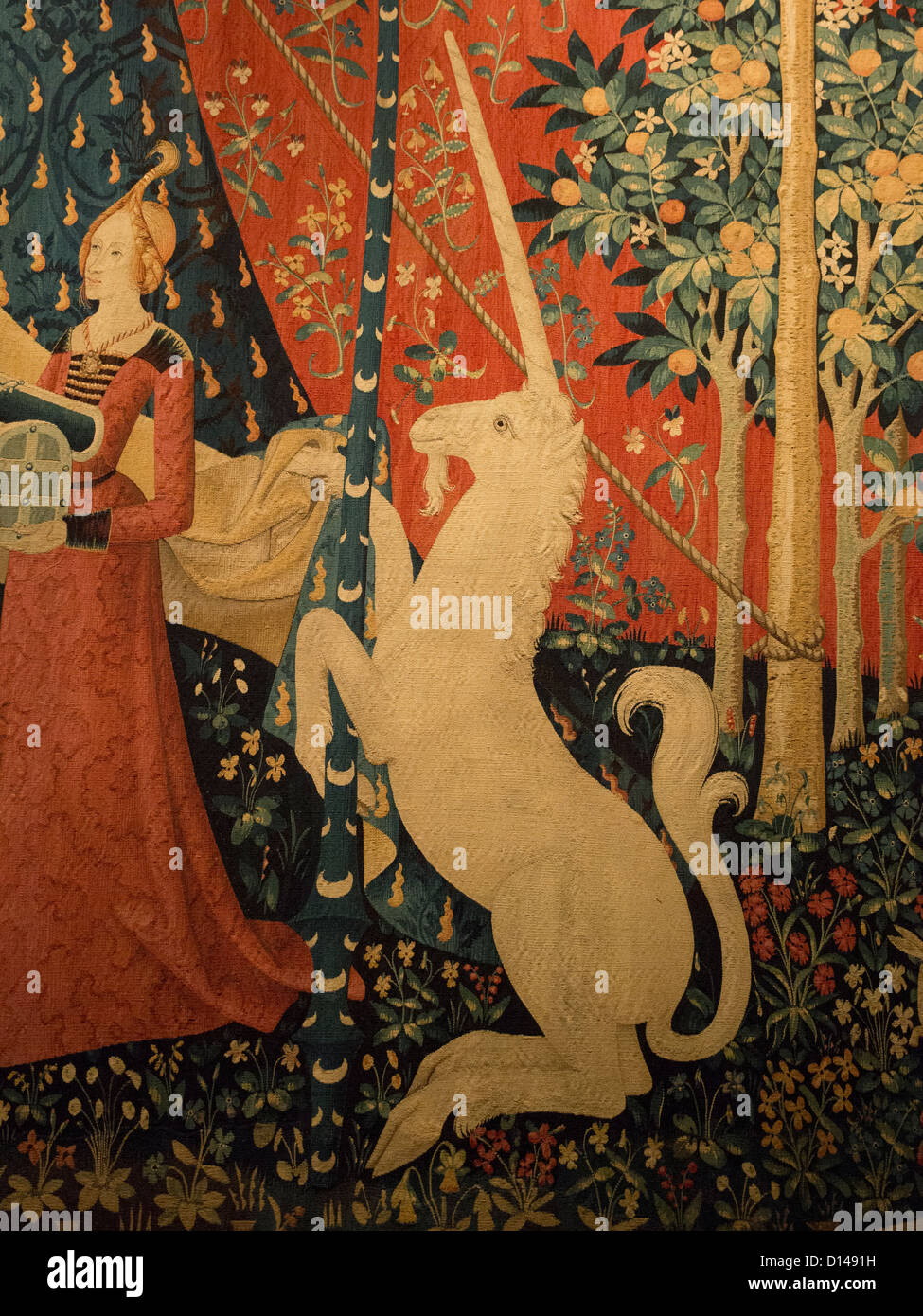 Dettaglio da uno dei sei arazzi della signora e Unicorno, museo di Cluny, Parigi. Foto Stock