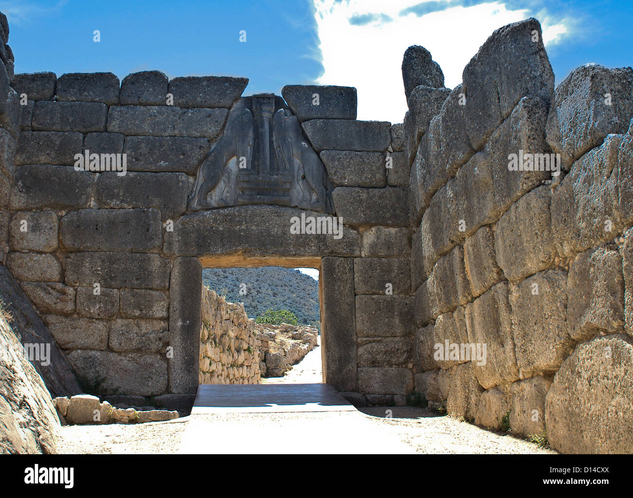 Antica Micene, la Porta dei Leoni, Peloponneso, Grecia Foto Stock