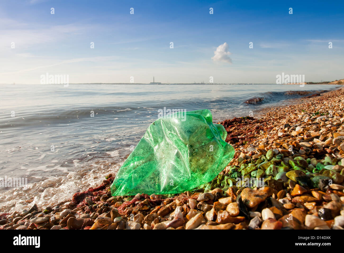 La bottiglia di plastica lavati fino su una spiaggia, inquinamento delle coste Foto Stock