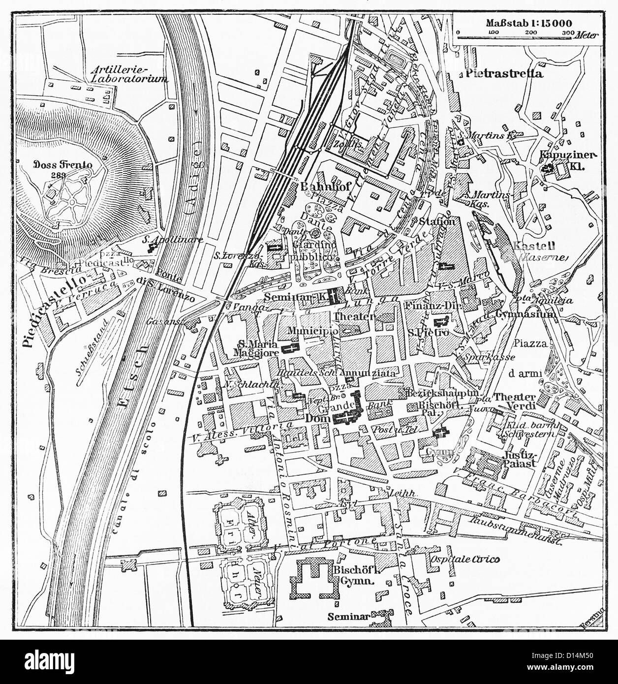 Vintage map di Trento alla fine del XIX secolo Foto Stock