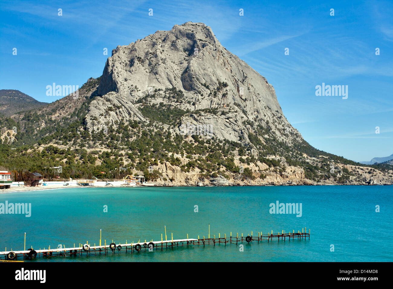 Sokol (Falcon) mare e montagna pier in Crimea, Ucraina. Costa rocciosa sul cielo blu sullo sfondo. Noviy Svet riserva naturale. Foto Stock