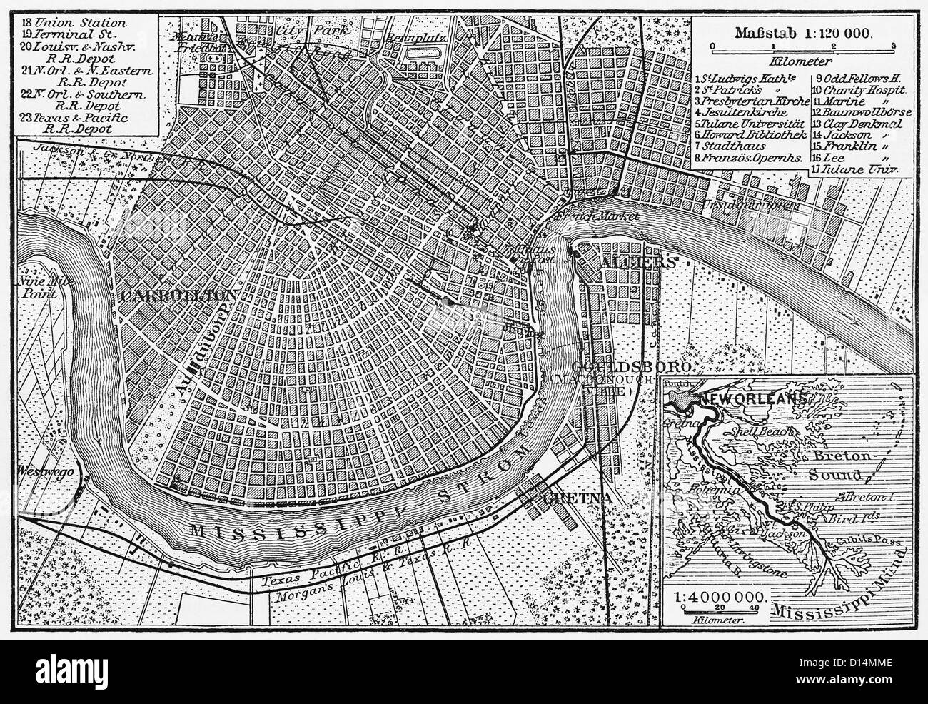 Vintage map di New Orleans dalla fine del XIX secolo Foto Stock