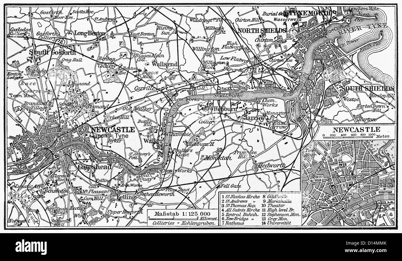 Vintage mappa di Newcastle alla fine del XIX secolo Foto Stock