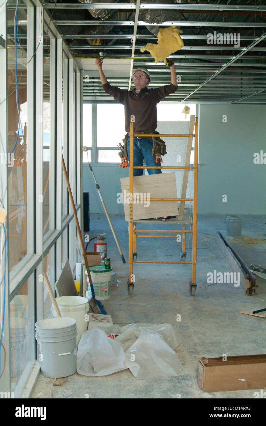 Operaio edile installazione soffitto Foto Stock Operaio edile installazione soffitto Foto Stock